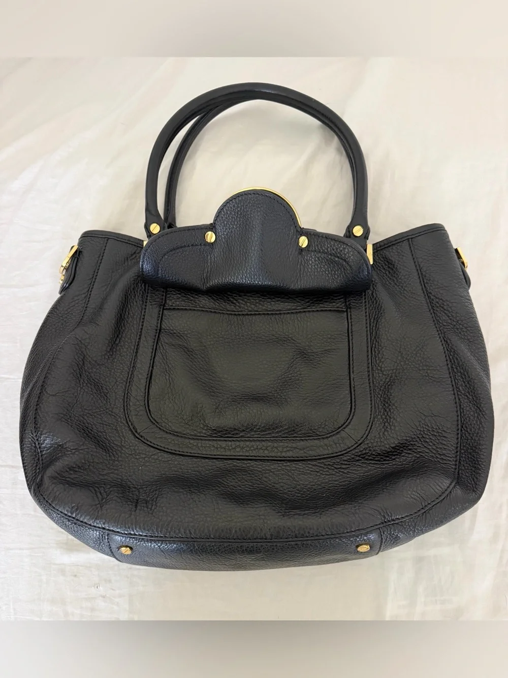 Tory Burch Black Leather Shoulder Tote with Gold Logo